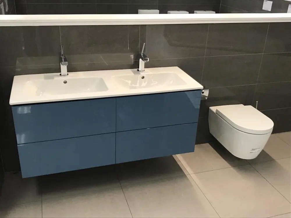 Blue double vanity unit and wall hung toilet
