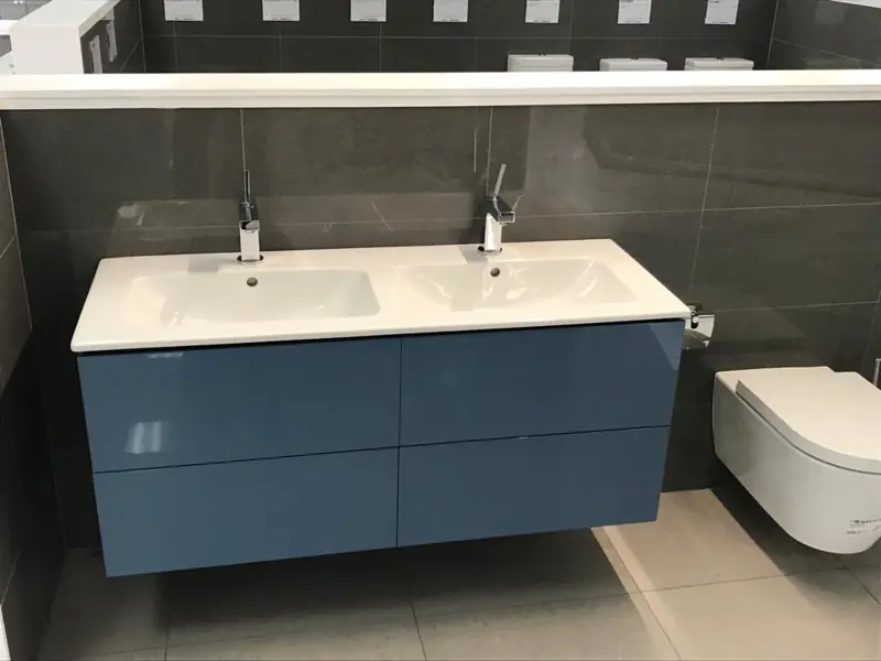 Blue double vanity unit and wall hung toilet